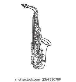 Vector illustration of Saxophone Alto hand drawn sketch, blow musical instrument vector outline line art,isometric view, isolated on white background