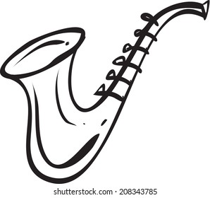 Vector illustration of saxophone in black and white doodle sketch