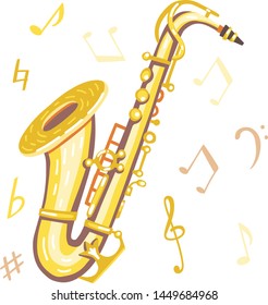 Vector illustration of a saxophone. Classical musical instruments. Warm colors