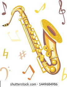 Vector illustration of a saxophone. Classical musical instruments. Warm colors