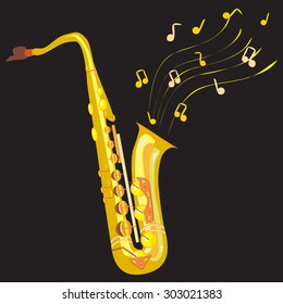 a vector illustration of a saxophone in details with twirled stave and different notes in the air