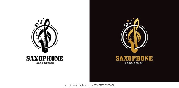 Vector illustration of a saxophone logo design with a combination of creative concept tone icons