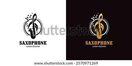 Vector illustration of a saxophone logo design with a combination of creative concept tone icons