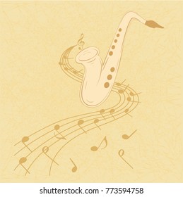 Vector illustration of saxophone and musical notes on stave.  Sax on chaotic texture in yellow colors. Can be used with any image or text. 