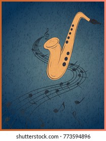 Vector illustration of saxophone and musical notes on stave.  Sax on blue grunge background. 