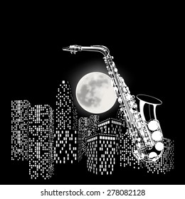 vector illustration saxophone on a background of the moon and city