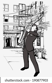 Vector illustration of saxophone player in a street at night