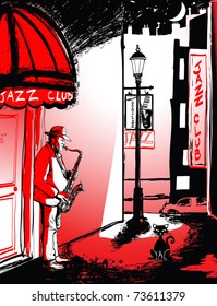 Ilustración vectorial del saxofón en una calle por la noche