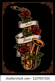 Vector illustration of saxophone with roses and ribbon in tattoo style on the dark background.