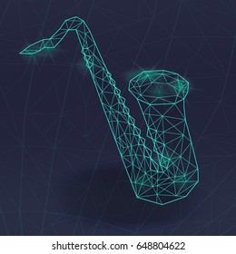 Vector illustration with saxophone from triangles. Background with music instrument. It can be used for advertising, announcements concert, brochures, ticket, cover, poster, banner.