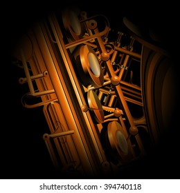 Vector illustration of saxophone and trumpet close up parts on dark background.