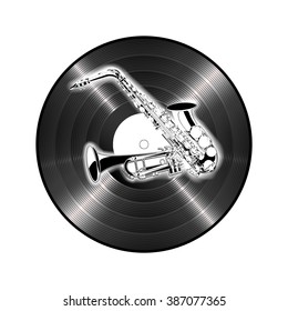 Vector illustration of saxophone and trumpet on the background of vinyl. Isolated objects on a white background.