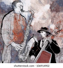 Vector illustration of a saxophonist and bassist playing jazz music with double-bass and saxophone