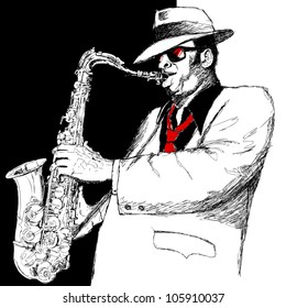 Vector illustration of a saxophonist on a black and white background