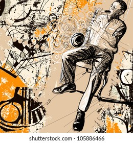 Vector illustration of a saxophonist on a grunge background