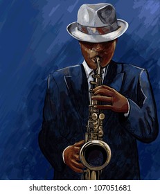 Ilustración vectorial de saxofonista tocando saxofón en un fondo azul