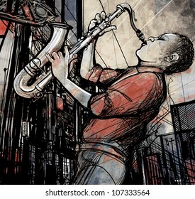 Vector illustration of saxophonist playing saxophone in a street