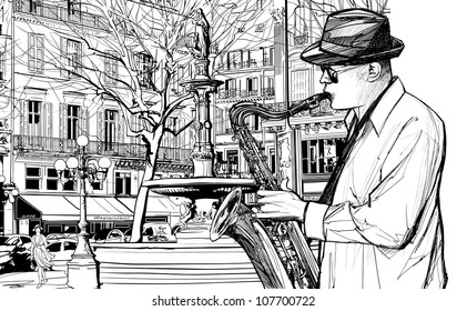 Vector illustration of saxophonist playing saxophone  in a street of Paris