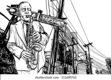 Vector illustration of saxophonist playing saxophone  in a street