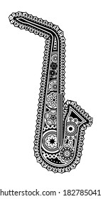 Vector illustration of saxsophone in black and white colors. Decoration picture of   musical instrument.