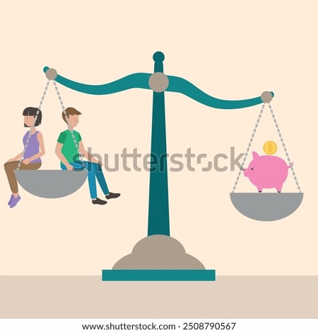 Vector illustration of a scale balancing a couple and a piggy bank, symbolizing the balance between family needs and financial savings. 