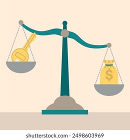 Vector illustration of a scale balancing house keys and a money bag, symbolizing the balance between property ownership and financial investment. Ideal for real estate and finance themes.