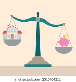 Vector illustration of a scale balancing a house and a piggy bank, symbolizing the balance between home value and personal savings. Ideal for real estate and financial planning themes.