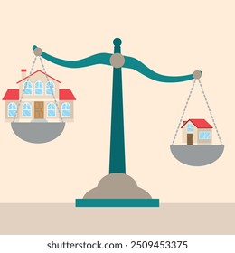 Vector illustration of a scale balancing a large house and a small house, symbolizing the comparison between different home values and sizes in the real estate market.