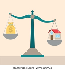 Vector illustration of a scale balancing a money bag and a house, representing the equilibrium between financial investment and property value. Ideal for real estate and finance themes.