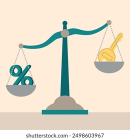 Vector illustration of a scale balancing a percentage symbol and house keys, representing the impact of interest rates on property ownership and real estate decisions.