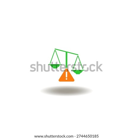 Vector illustration of scale imbalance with attention sign. Symbol of injustice. Icon of legal imbalance. Sign of law violation.