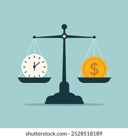 Ilustração vetorial de uma balança pesando um relógio e uma moeda de dólar, representando o equilíbrio entre tempo e dinheiro. Ideal para temas como gerenciamento de tempo, valor de negócios e planejamento financeiro.