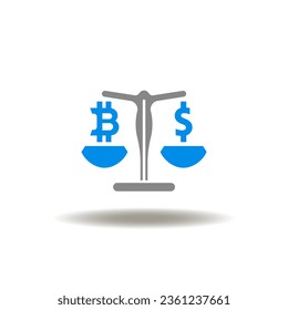 Vector illustration of scales with bitcoin and dollar currencies. Icon of money cryptocurrency law. Symbol of SEC financial control.