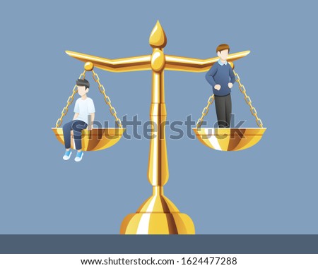 Vector illustration Scales of justice with the same weight, Equality of law and legal balance for two people. Concept illustration of law and court, Vector cartoon illustration