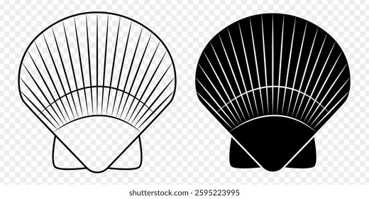 Vector illustration of Scallop in black outline and fill on transparent background