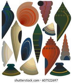 Vector illustration of Scallop seashell. Flat design style. Four beautiful seashells. Beautiful color transitions. Illustrations suitable for summer trips on the sea or for dishes made from sea food