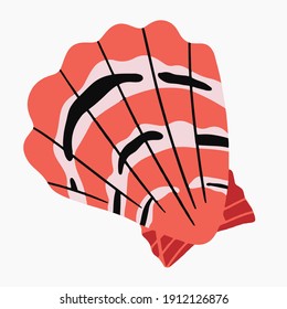vector illustration -scallop shape seashell sticker. Clamshell. Marine life of the coast in summer. Isolated on a white background. Modern palette style flat