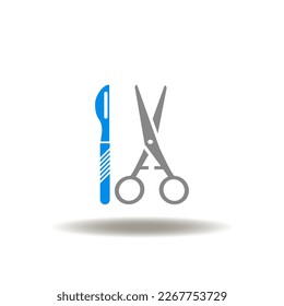 Vector illustration of scalpel and scissors. Icon of surgery operation. Symbol of surgeon equipment.