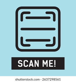 Vector illustration of a "Scan Me" sign featuring a stylized QR code frame icon in black on a light blue background