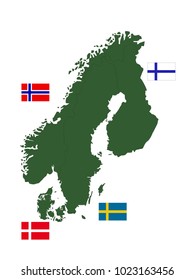 vector illustration of Scandinavian countries map with flags