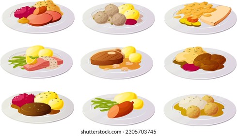 Vector illustration of scandinavian, danish and german dishes isolated on white background.	