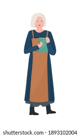 Vector illustration of a scandinavian girl with white hair holding a book with runes in her hands. Costumes of the northern peoples of Europe. Mysticism and fortune-telling