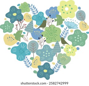 Vector illustration of a Scandinavian heart pattern with flowers and birds written on it.