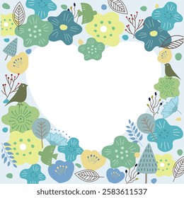 Vector illustration of a Scandinavian heart pattern with flowers and birds written on it.