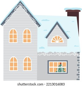 Vector illustration of Scandinavian House. Set of isolated decorated buildings for New Year and Christmas

