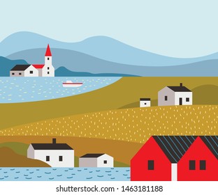 Vector illustration with scandinavian landscape. Cute cozy houses, church, hills, lake and mountains