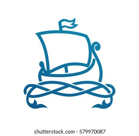 Vector Illustration of Scandinavian Longship Drakkar isolated on white background. Symbol of Sea Travel with medieval sailboat and ornament of sea waves.