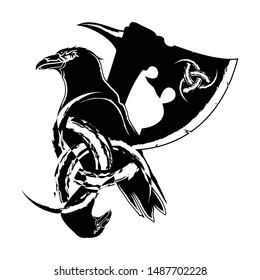 Vector illustration of Scandinavian myths. Raven, Viking axe and sacred symbol. Traditional ancient Celtic sign. Black tribal animals tattoo. Triskelion. Triskele. Valknut. Grange styl.