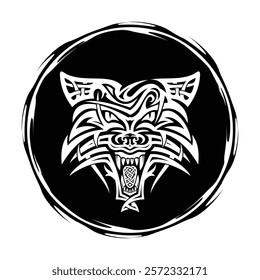 Vector illustration of the Scandinavian myths. Symbols of Vikings. Northern culture. Black tribal logo. Celtic style wolf animal tattoo sketch design. Celtic mascot. The wolf is a werewolf.