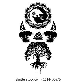 Vector illustration of Scandinavian myths. Tree of life, Raven and Celtic sacred symbol. Wolves eating the sun and moon. Norman culture. Triskelion. Triskele. Black tribal animals tattoo.